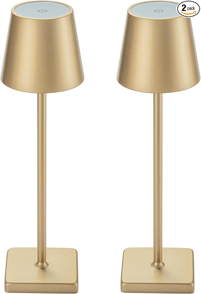 2 Pack Rechargeable Cordless Table Lamps, 5200mAh Battery Touch Table Light, Aluminum Shell Stepless Dimmable Portable LED Desk Lamp for Dinner Restaurant Outdoor Gold