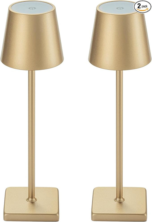 2 Pack Rechargeable Cordless Table Lamps, 5200mAh Battery Touch Table Light, Aluminum Shell Stepless Dimmable Portable LED Desk Lamp for Dinner Restaurant Outdoor Gold