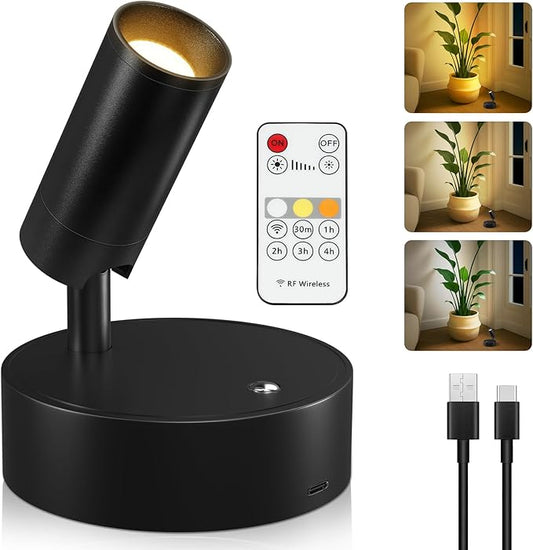 Kimjo Spot Lights Indoor, Wireless LED Spotlight, Uplighting Indoor with Remote and Dimmable, Accent Lighting for Plants, Picture, Battery Operated Wall Light