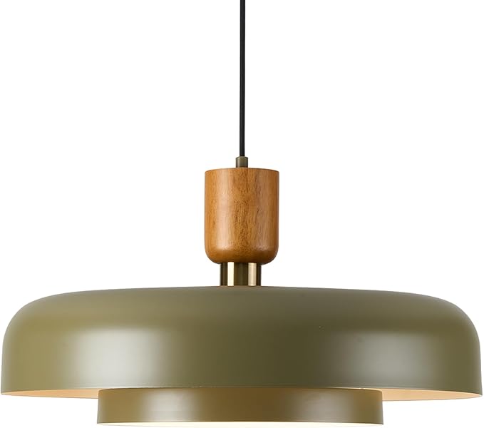 Mid Century Chandelier 19.68 inch, Natural Wood and Brass Accent,2 Layered Deep Green Shade,Large Pendant Ceiling Lights for Kitchen Island, Dining Room, Living Room